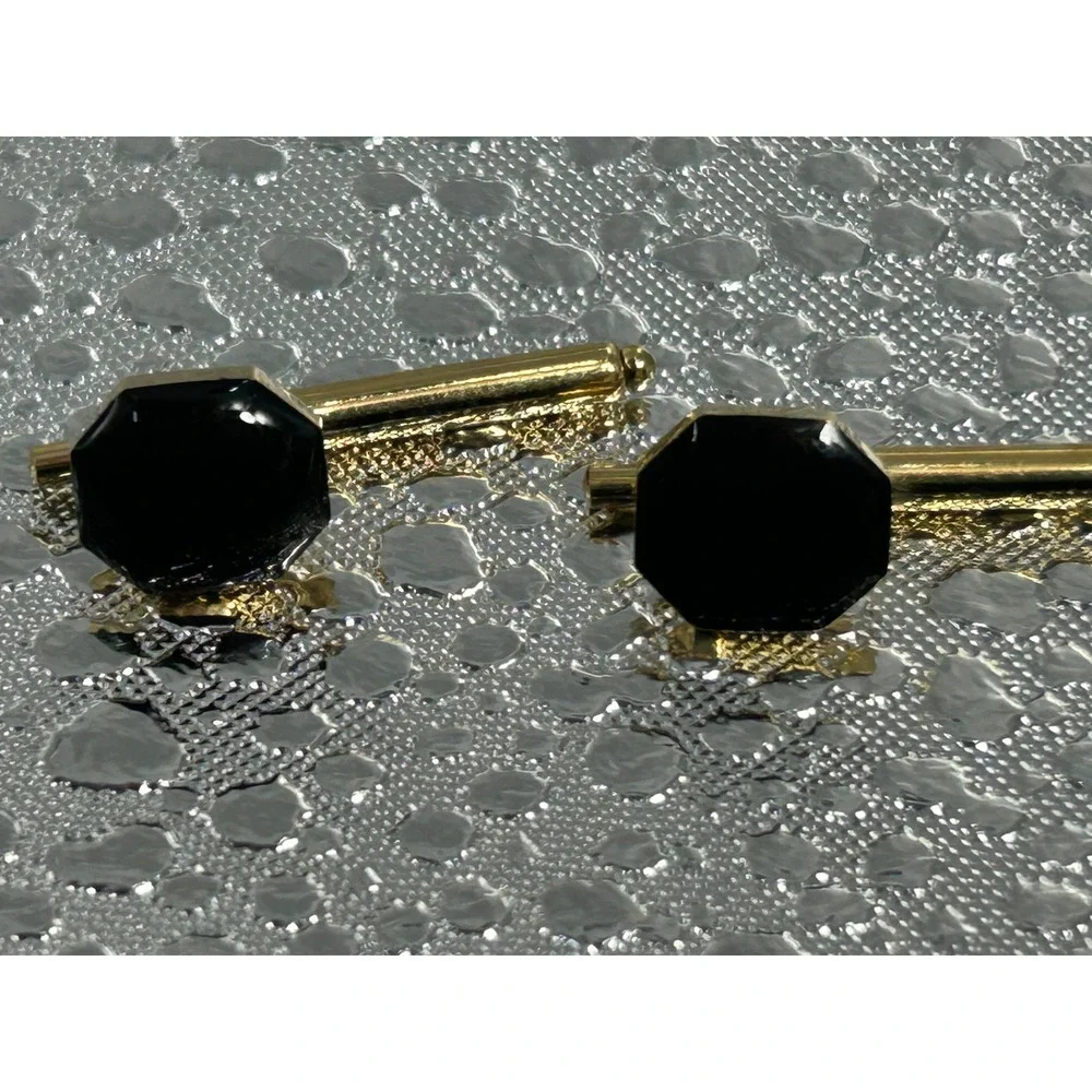 Vintage Gold Tone Black Onyx Octagon Cufflinks Formal Wedding Business Mens